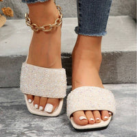 Classic Women's Rhinestone Fashion Square Open Toe Flat Bottom Slide Sandals