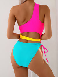 Chic One-Shoulder Asymmetrical Multicolor High Stretch Multicolor Swimsuit