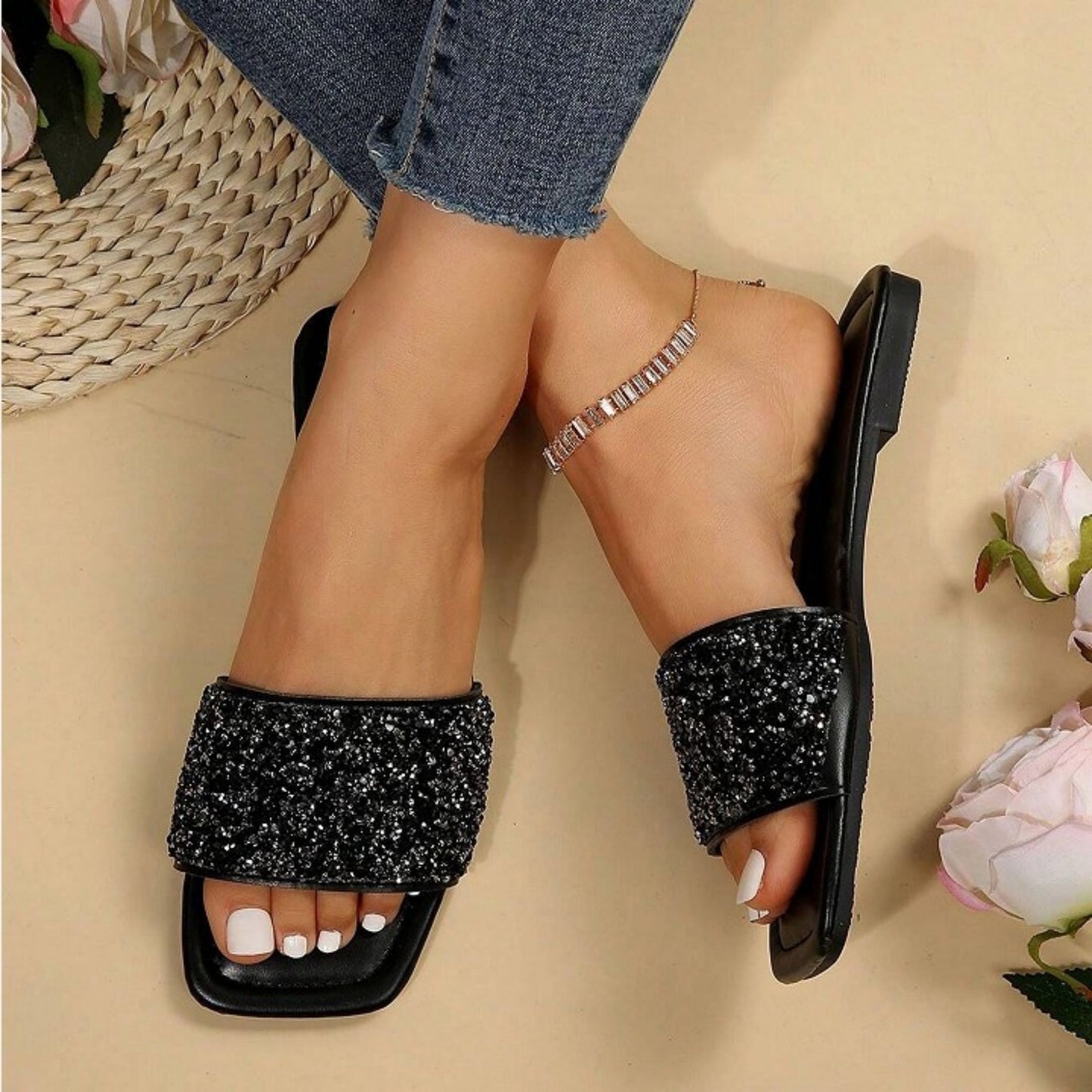 Classic Women's Rhinestone Fashion Square Open Toe Flat Bottom Slide Sandals