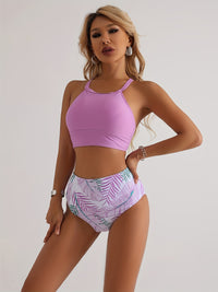 High Waist Leaf Print O Neck High Cut Bikini Sets