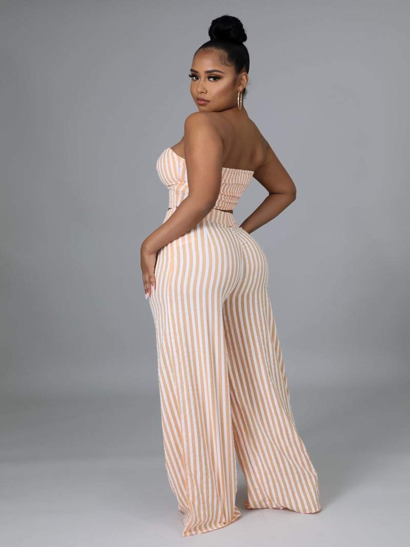 Sexy Striped Tube Top & Wide Leg Pants Set