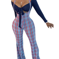 Womens Sexy Off Shoulder Tie Crop Top Plaid Print Bell Pants Suspenders Set 2pcs Outfits Jumpsuits Overalls