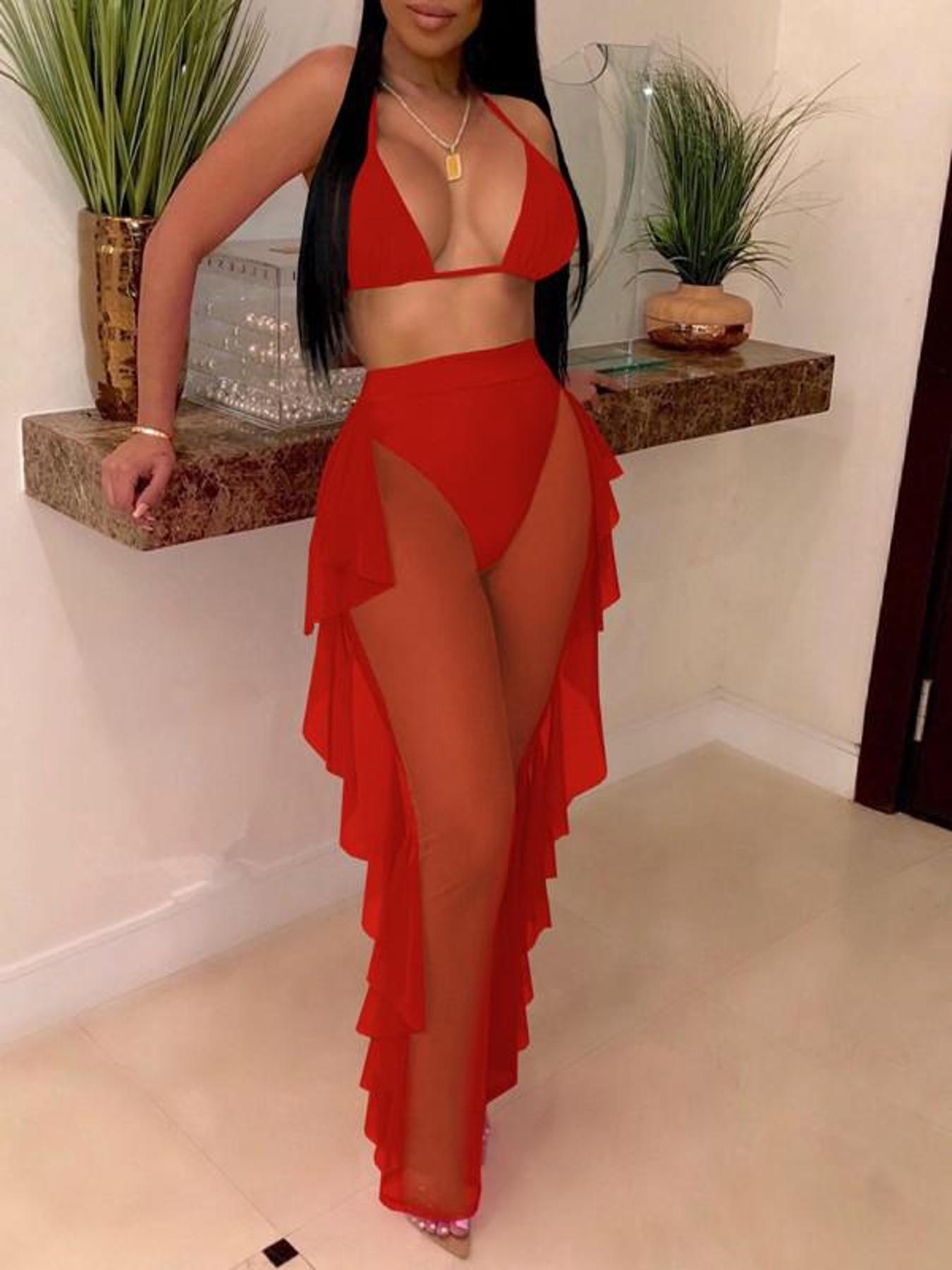 Sexy Halter Bikini Top & Ruffles Side Sheer Mesh Pants Cover Up Set