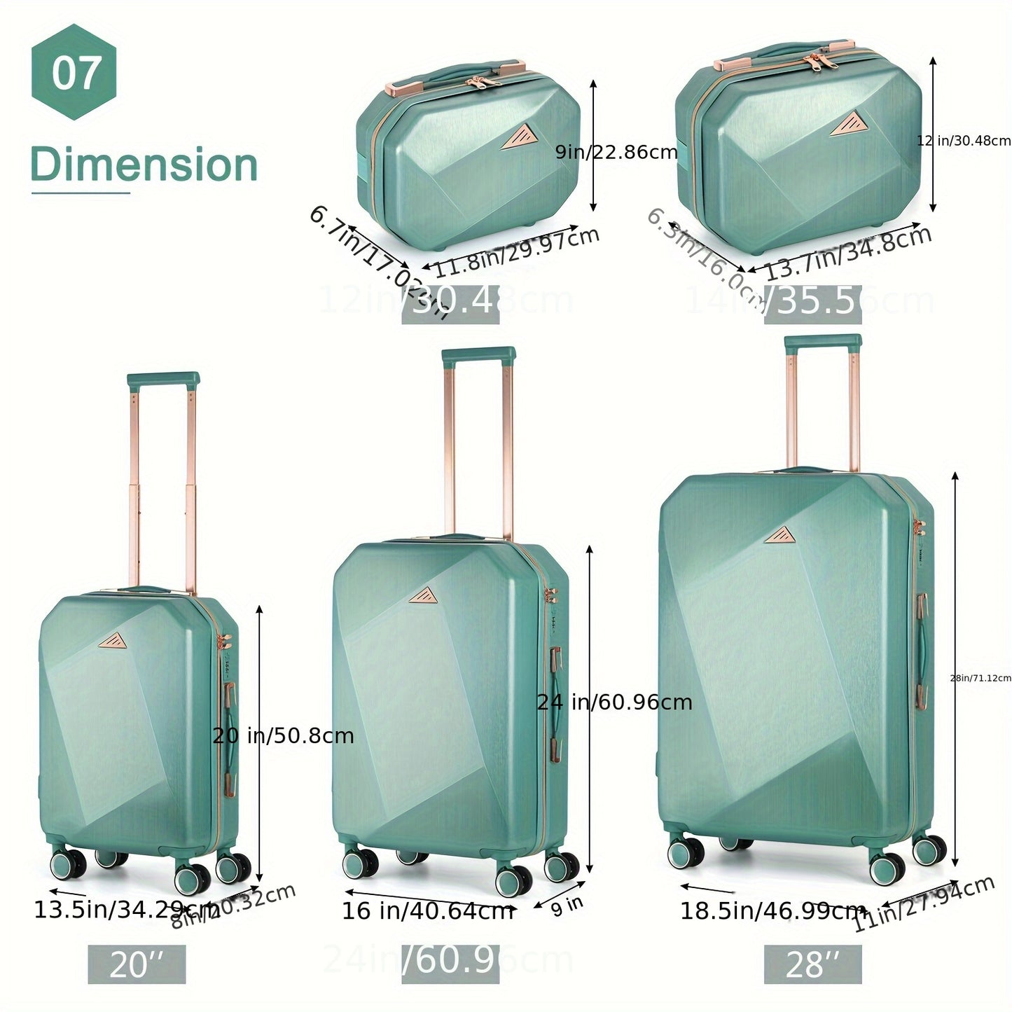 Beautiful 5Pcs Lightweight ABS Hardshell Luggage Sets with TSA Lock (12/14/ 20/24/ 28, Green)