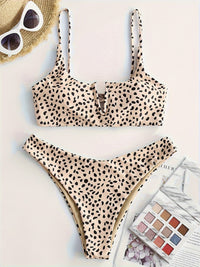 Sexy Dot Print Notched V Neckline Bikini Swimsuit