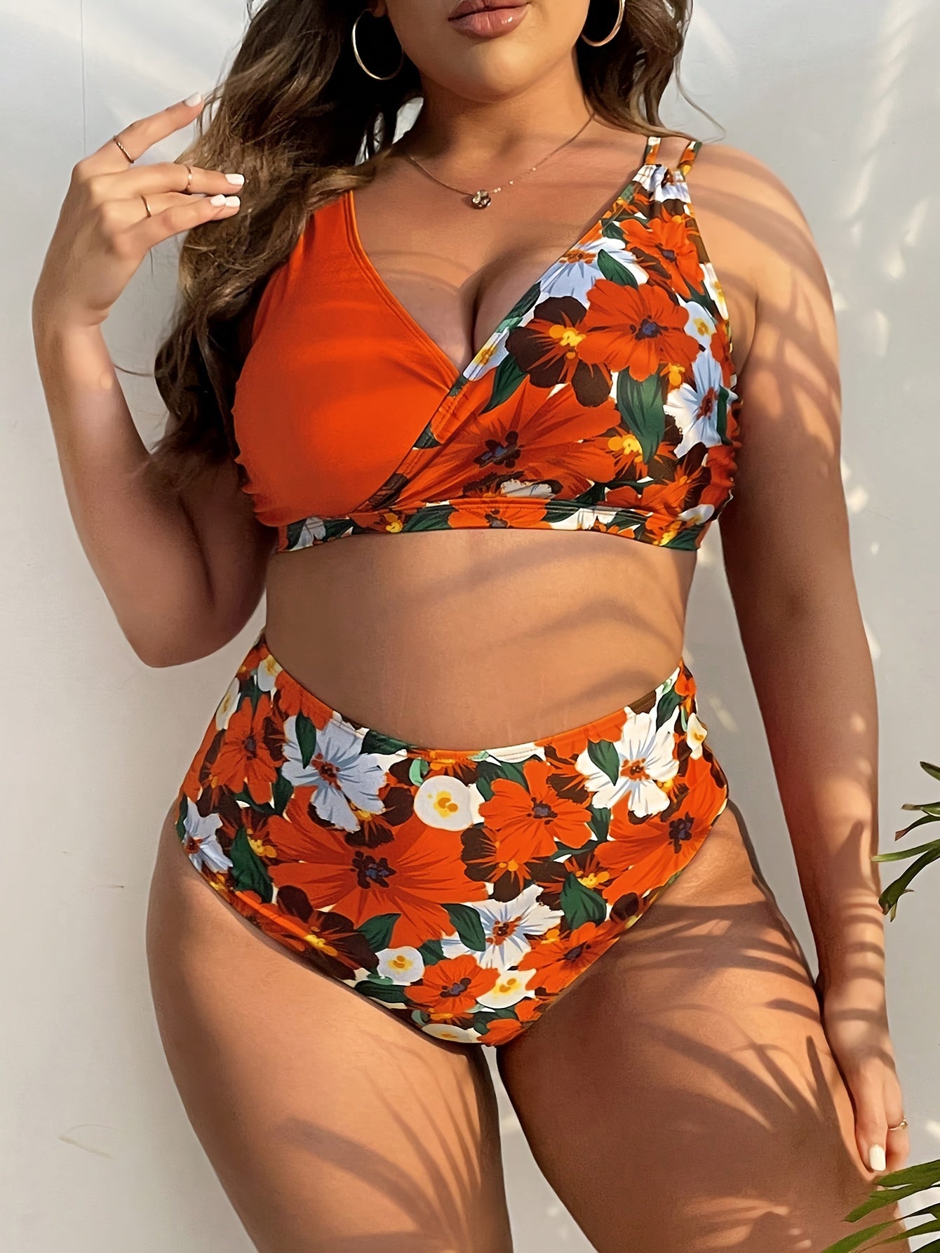 Sexy Women's Red Floral Print Plus Size Bikini Swimsuit