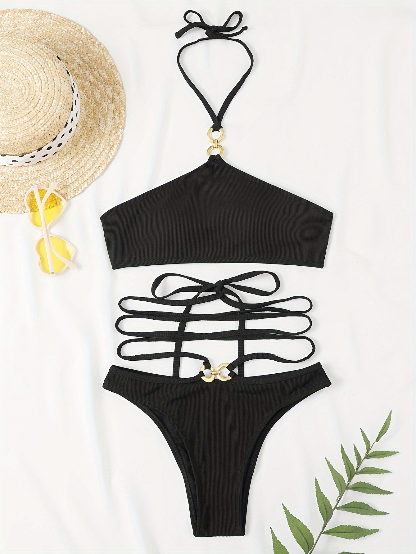 Sexy Black Criss-Cross Waist Strap Backless Bikini Swimsuit