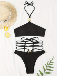 Sexy Black Criss-Cross Waist Strap Backless Bikini Swimsuit