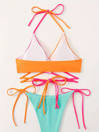 Chic Tri-Color Halter Neck Top & High Cut Tie Side Bikini Swimsuit