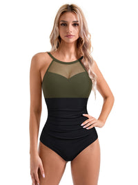 Chic Contrast Mesh High Stretch Nylon & Spandex Blend, Tummy Control, Monokini Swimsuit