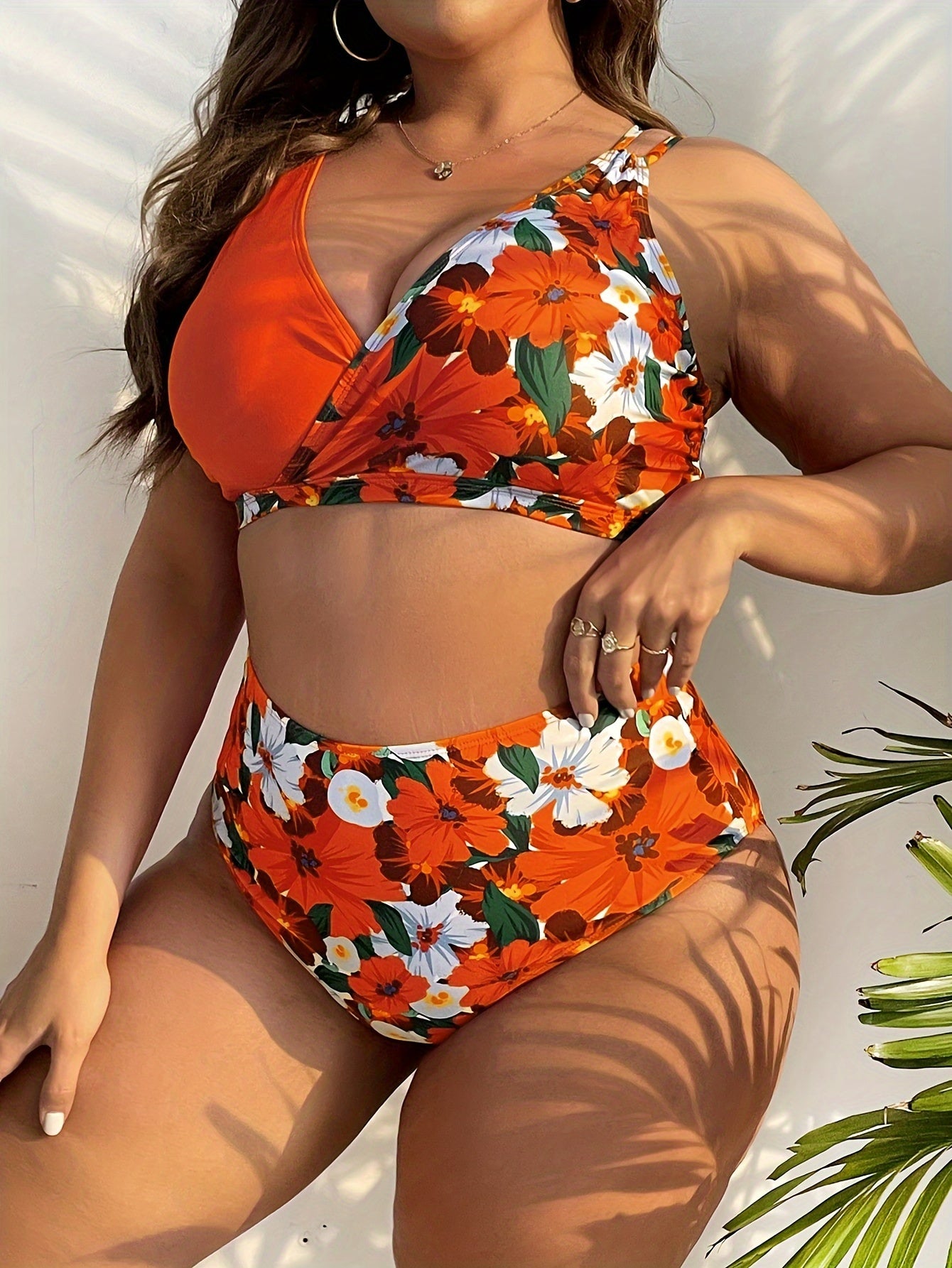 Sexy Women's Red Floral Print Plus Size Bikini Swimsuit