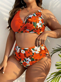 Sexy Women's Red Floral Print Plus Size Bikini Swimsuit