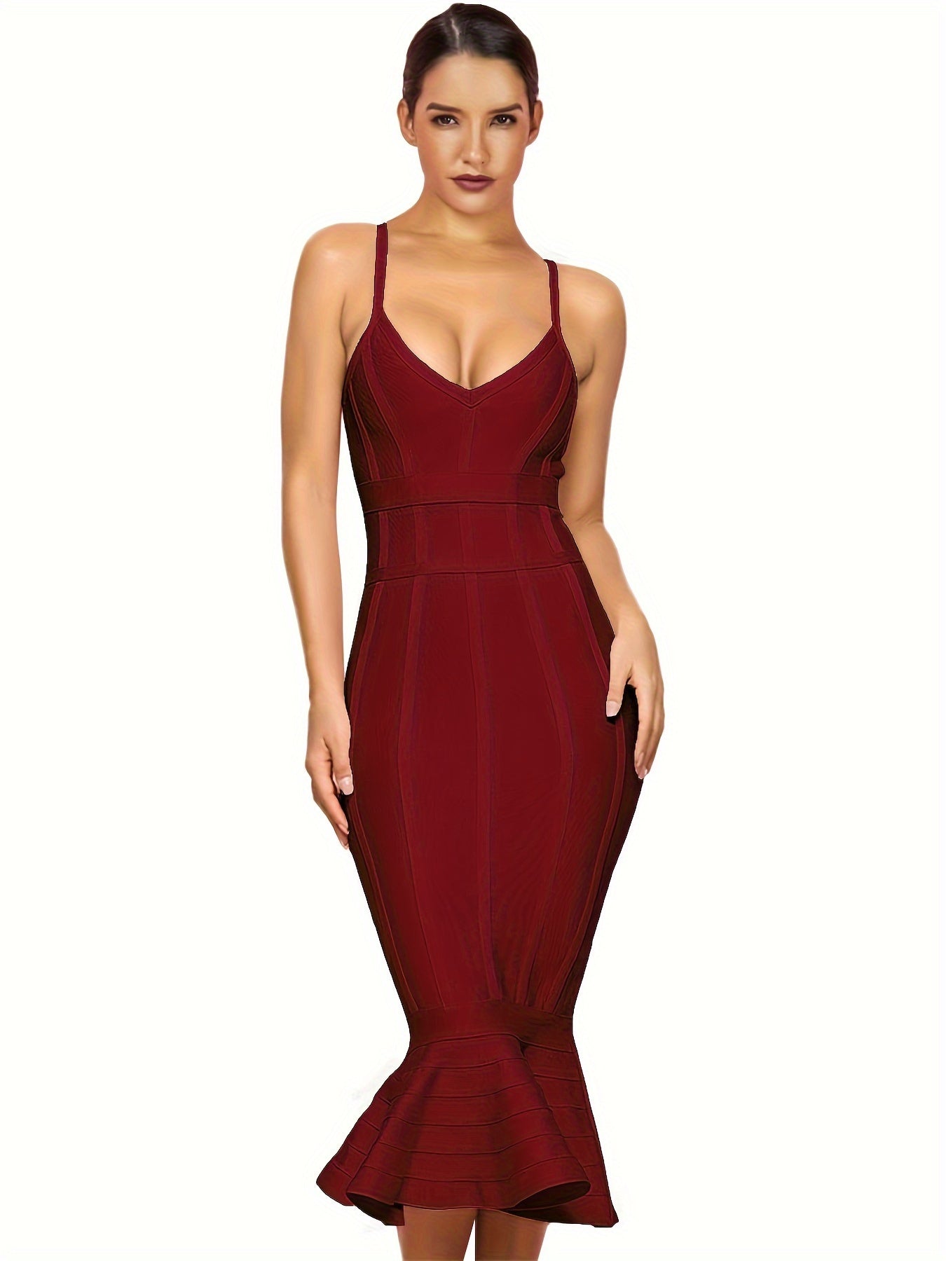 Elegant Women's Fashion Tight V-Neck Ruffle Midi Bandage Bodycon Dress