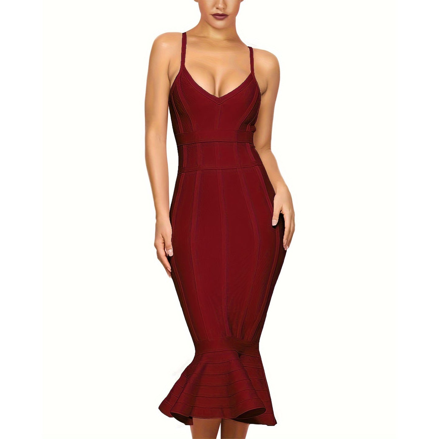 Elegant Women's Fashion Tight V-Neck Ruffle Midi Bandage Bodycon Dress