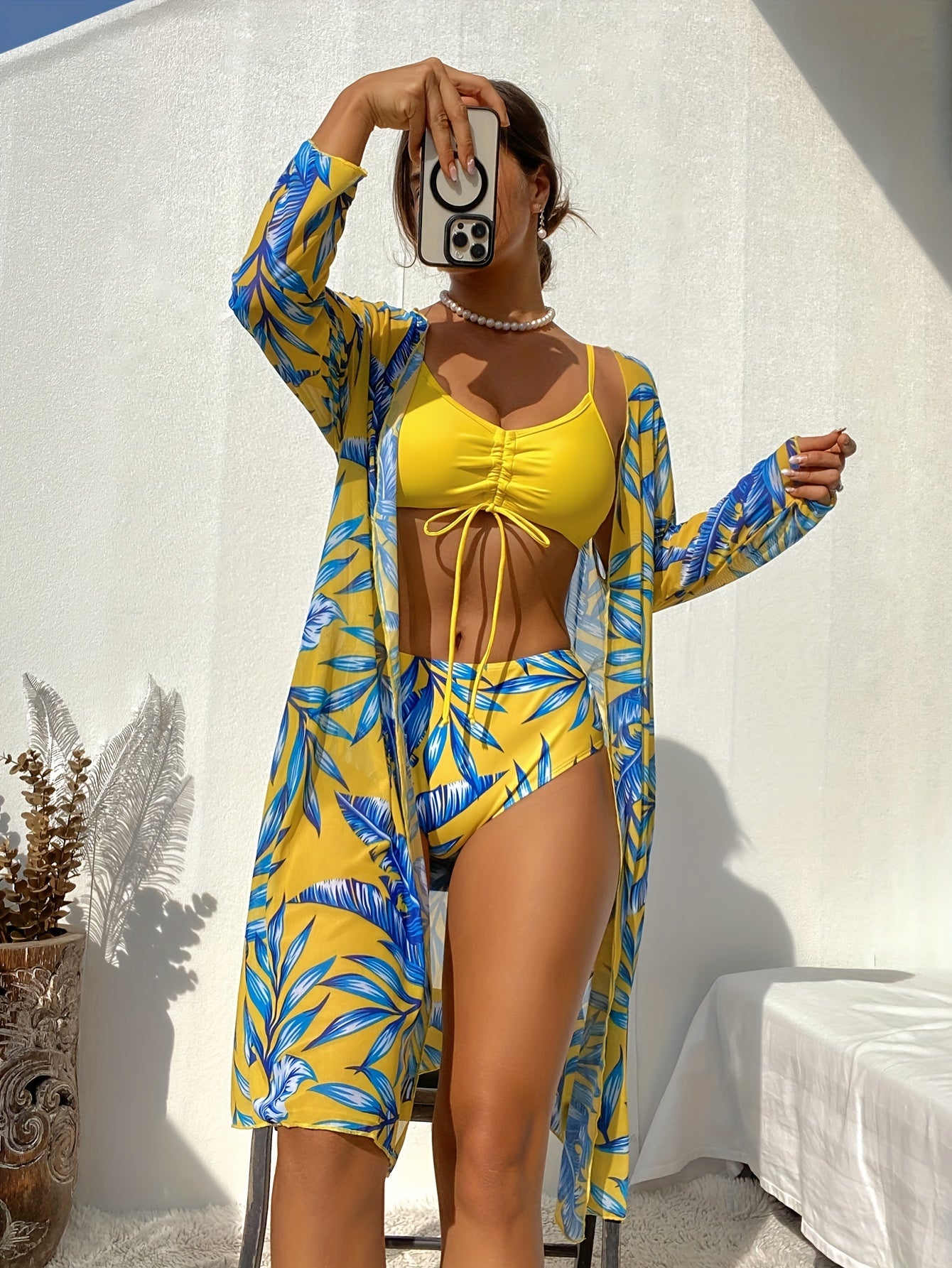 Casual Fashionable Floral Print 3 Piece Bikini Swimsuit