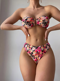 Sexy Metal U-Shaped 3 Piece Floral Print Bikini and Wrap Skirt Swimsuit Set