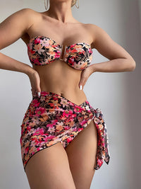 Sexy Metal U-Shaped 3 Piece Floral Print Bikini and Wrap Skirt Swimsuit Set