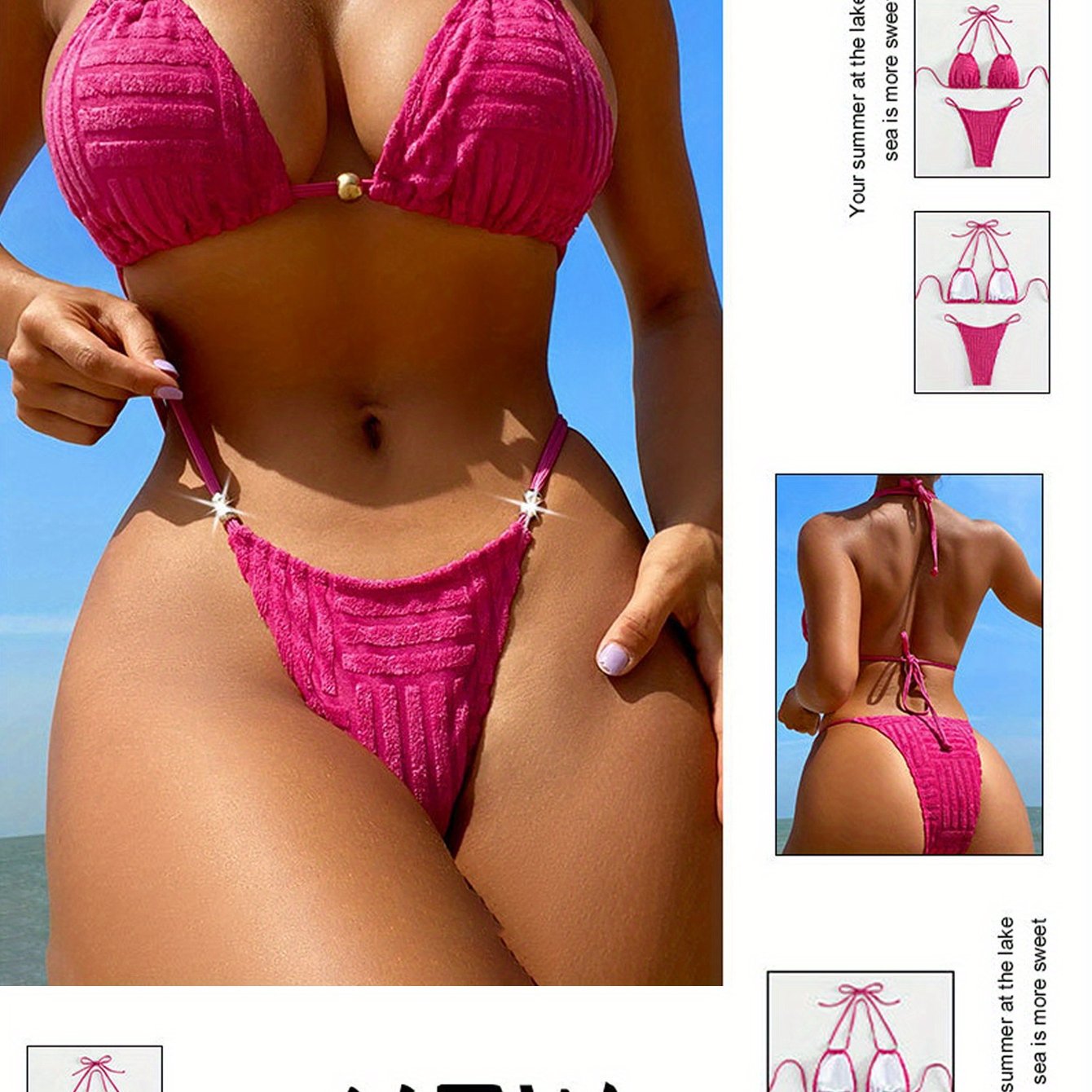 Sexy Pink Bead Strap Textured Fabric Bikini Swimsuit