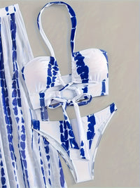 Elegant Blue & White Printed 3 Piece Bikini and Cover Up Skirt Set