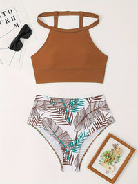 High Waist Leaf Print O Neck High Cut Bikini Sets