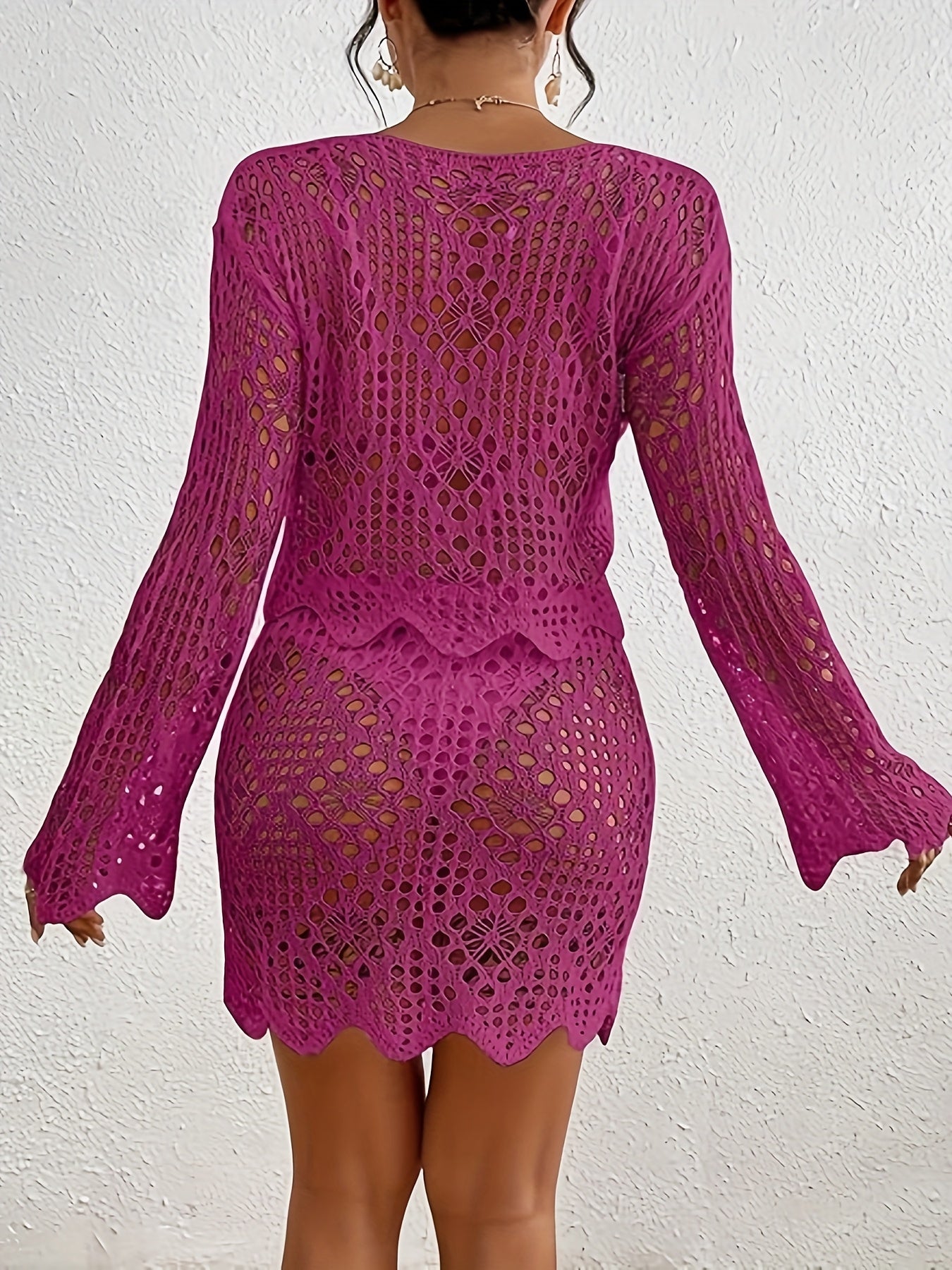 Sexy Crochet 2 Piece Contrast Lace Detail, Crew Neck, Non-Stretch Polyester Knit Drawstring Skirt Cover Up Skirt Set