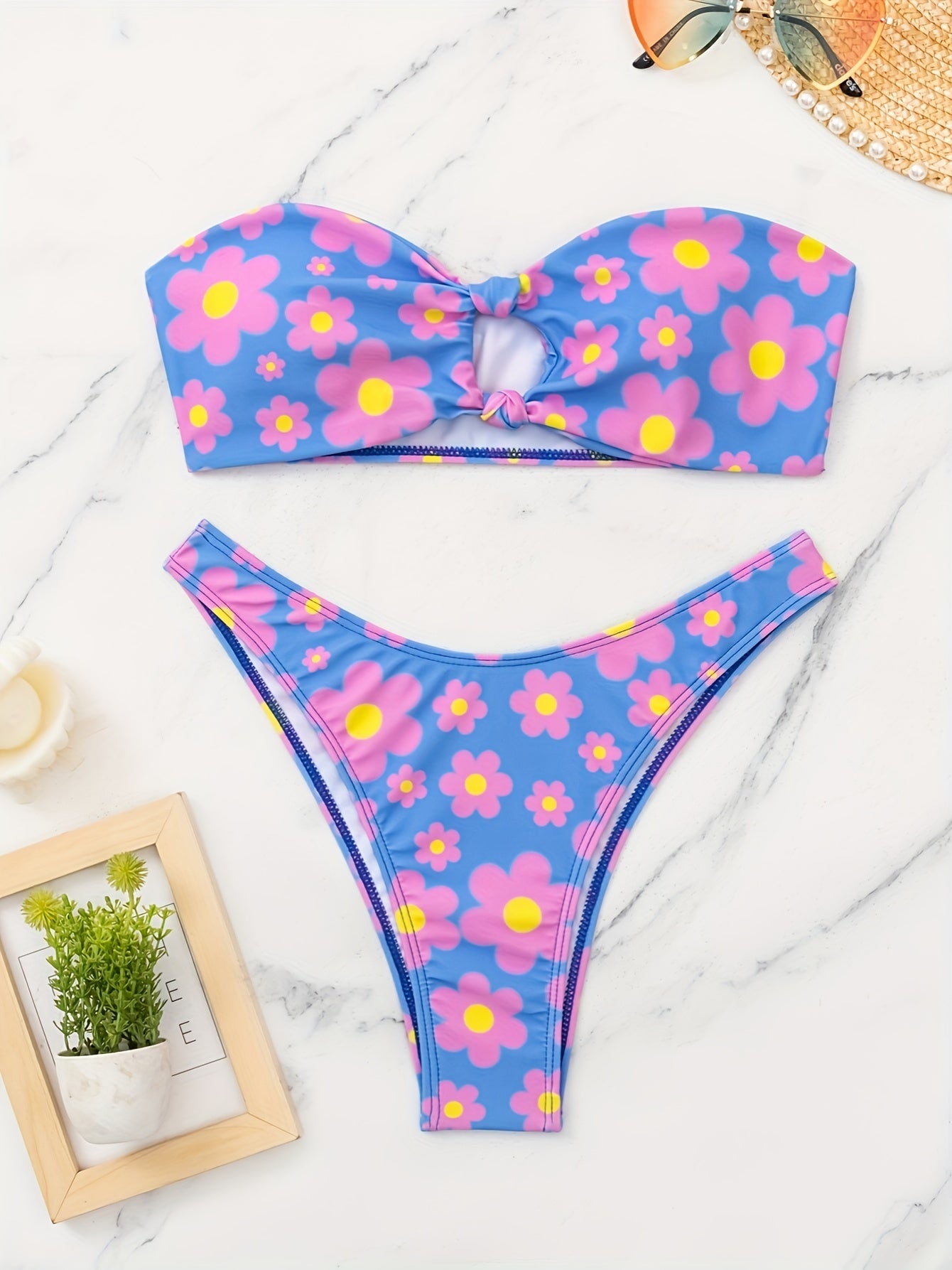 Sexy Floral Print Fashion Bustier Split Bikini Set