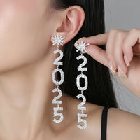 Elegant Rhinestone Snowflake 2025 Number Drop Earrings - Stainless Steel, Alloy With Crystal Tassel Design