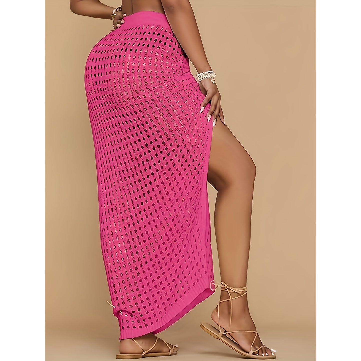 New Knit Drawstring Long Crochet Cover Up Skirt