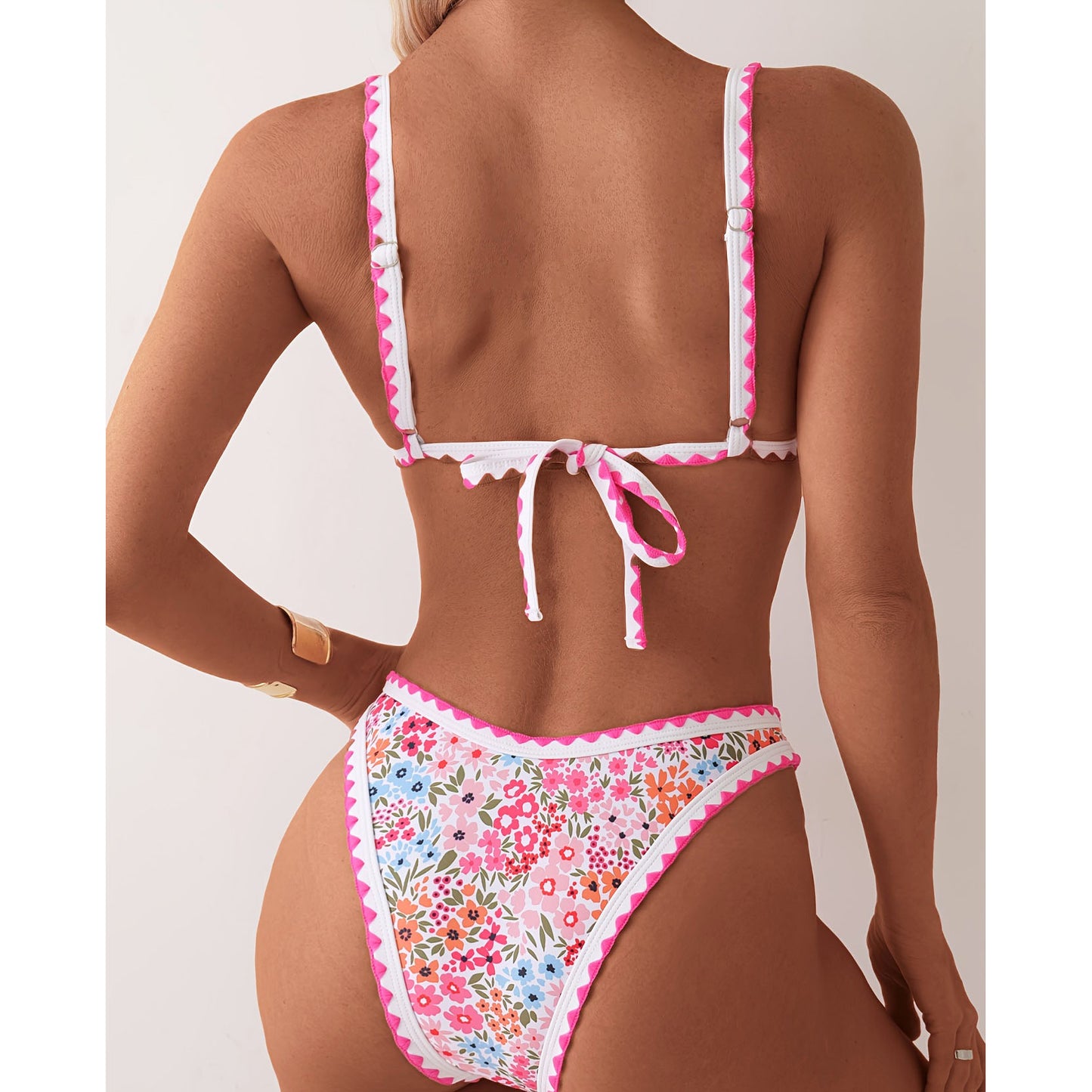 Sexy Women's Floral Print Colorful Halter Top & High Cut Bikini Swimsuit