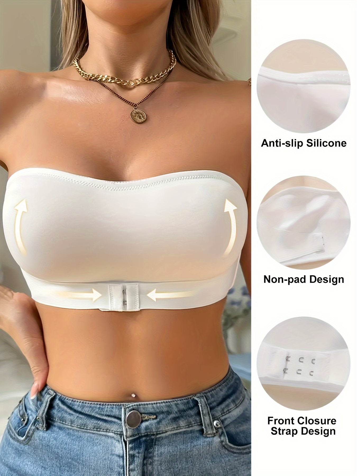 2 Pcs Ultra Comfy Seamless Solid Front Closure Strapless Wireless Bandeaus Push-Up Bra Set