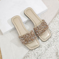 Classic Women's Rhinestone Fashion Square Open Toe Flat Bottom Slide Sandals