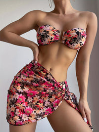 Sexy Metal U-Shaped 3 Piece Floral Print Bikini and Wrap Skirt Swimsuit Set