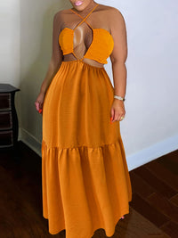 Sexy Plus Size Hollow Out Cross Halter Tied Backless Maxi Dress