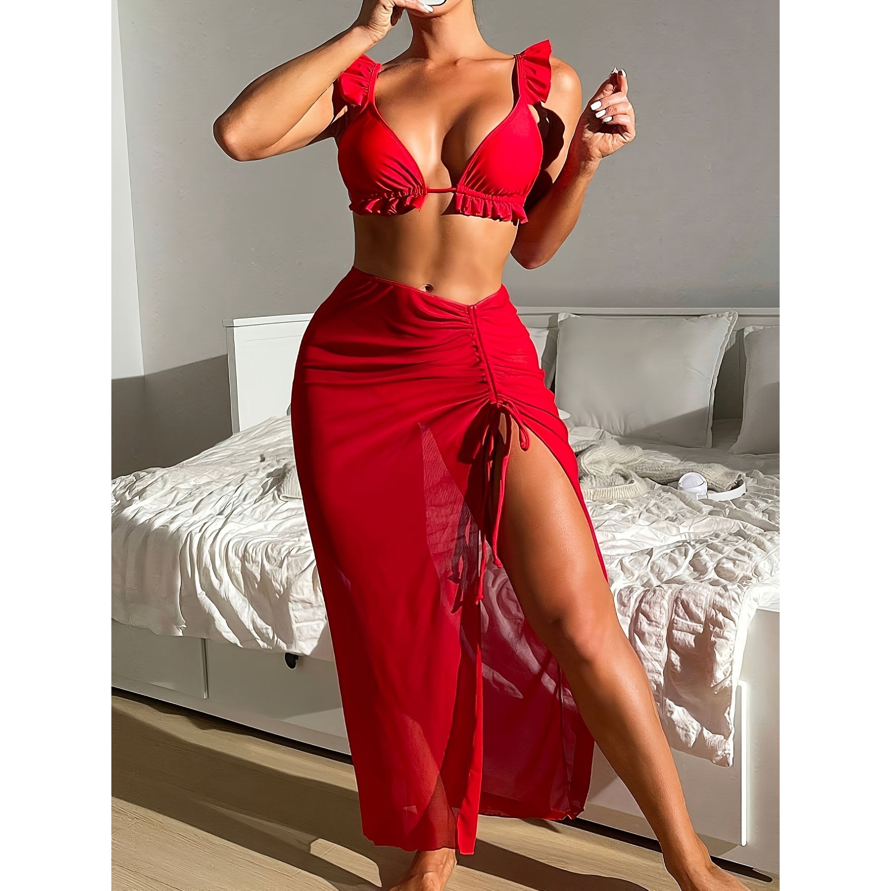 Sexy Red 3 Piece Lettuce Trim Deep V-Neck Top, High Slit Cover Up Skirt and Bikini Set