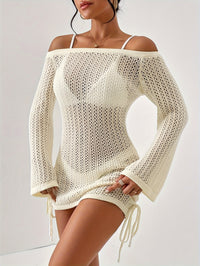 Sexy Off-Shoulder Drawstring Knitted Cut Out Swimsuit Coverup Dress