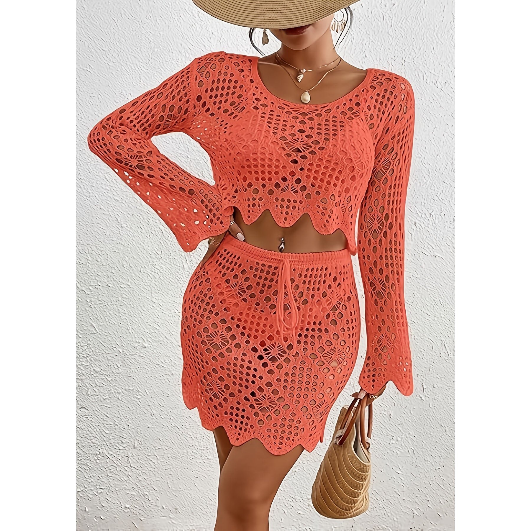 Sexy Crochet 2 Piece Contrast Lace Detail, Crew Neck, Non-Stretch Polyester Knit Drawstring Skirt Cover Up Skirt Set