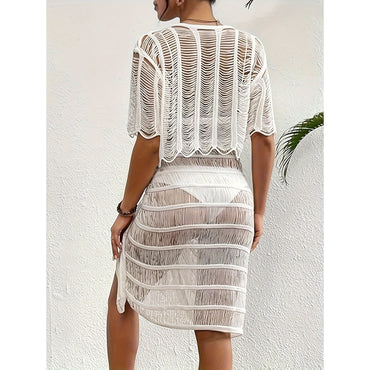 Casual 2 Piece Crochet Swimsuit Cover Up Skirt Set