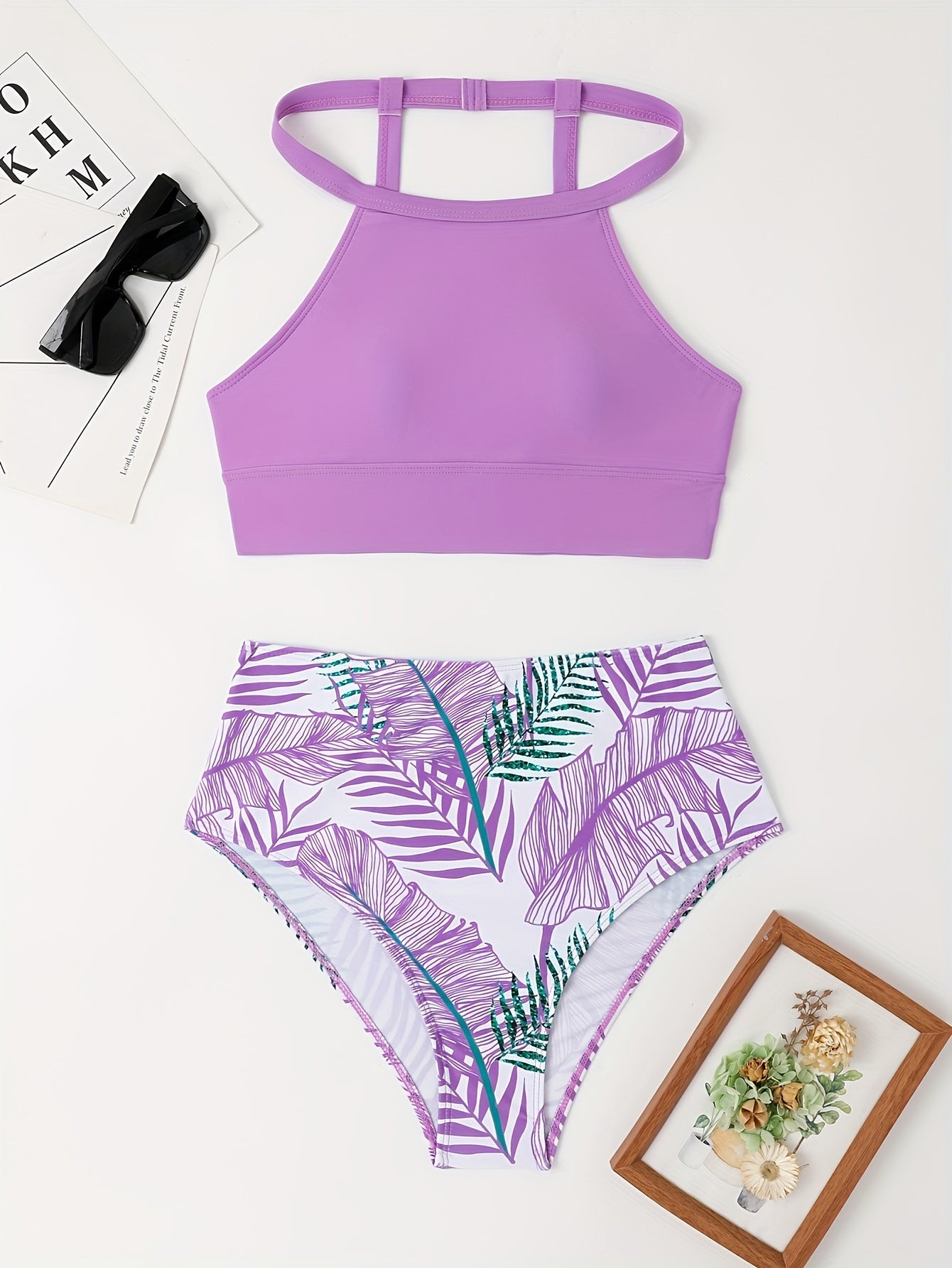 High Waist Leaf Print O Neck High Cut Bikini Sets