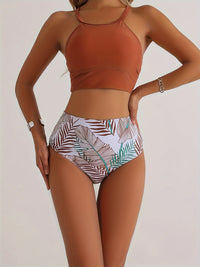 High Waist Leaf Print O Neck High Cut Bikini Sets