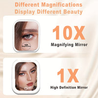 10X/1X Magnification LED Compact Travel Makeup Mirror With Light, Rechargeable, Adjustable Brightness, 2-Sided, Folding, Handheld