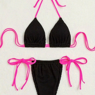 Sexy Simple Lace Up, Triangle Halter Bra and Bikini Bottom Swimsuit