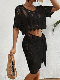 Casual 2 Piece Crochet Swimsuit Cover Up Skirt Set