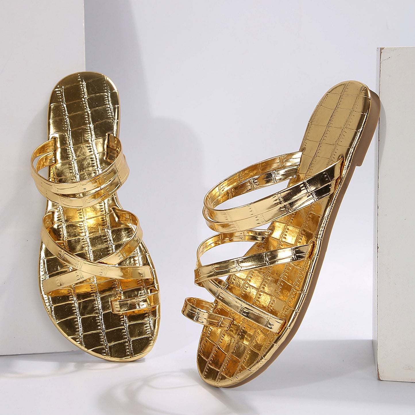 Gold Metallic Crocodile Embossed Criss Cross Slide Sandals