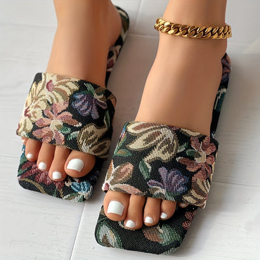 Casual Floral Print Fabric Square Toe Women's Summer Sandals