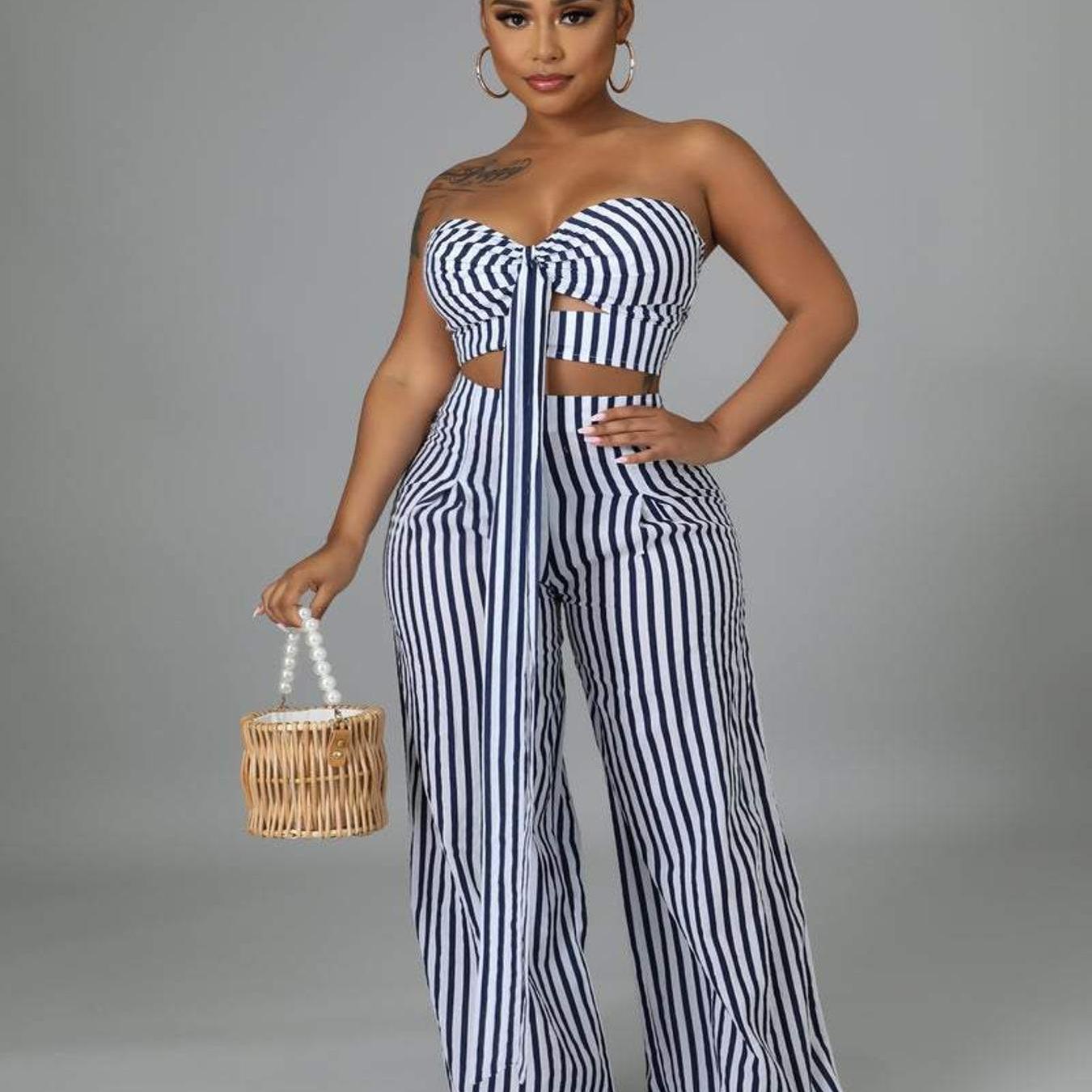 Sexy Striped Tube Top & Wide Leg Pants Set