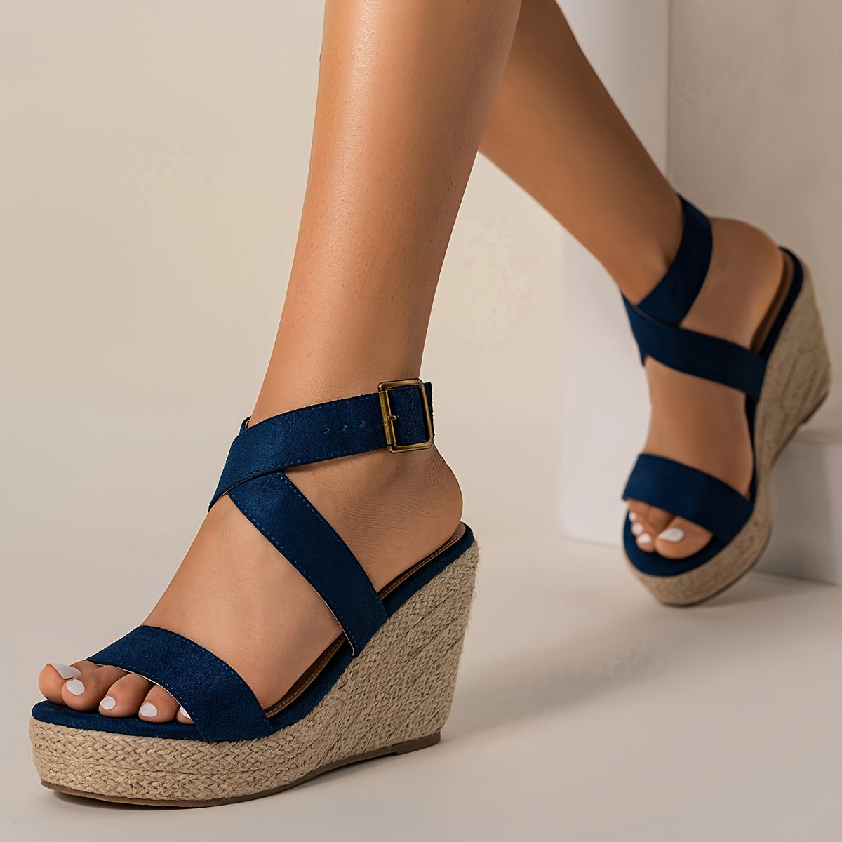 Women's Summer Hemp Bottom Wedge Sandals with Round Head Buckle Ankle Strap