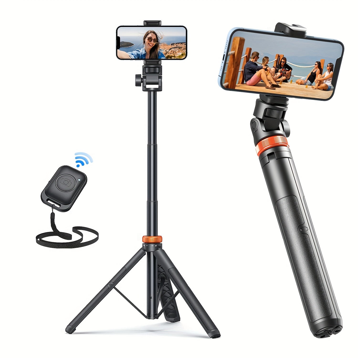 62 Inch Retractable Phone Tripod - Tripod for iPhone/ Android & Selfie Stick, Wireless Remote, Compatible with iPhone 15/14/13