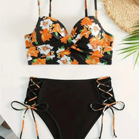 Beautiful Floral Print Women's Cross-Back Underwire Bra & Lace-Up Side Bikini Swimsuit