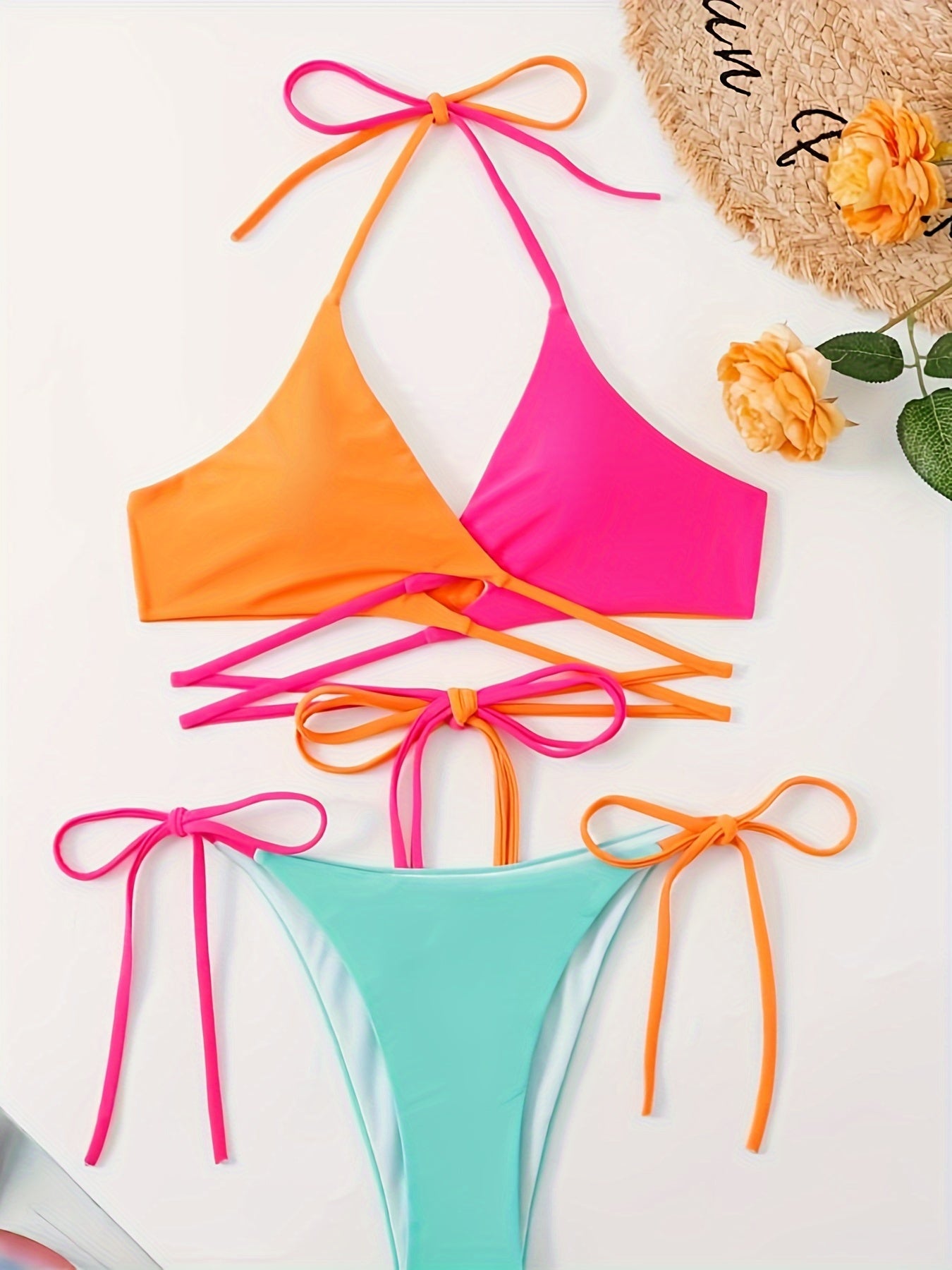 Chic Tri-Color Halter Neck Top & High Cut Tie Side Bikini Swimsuit