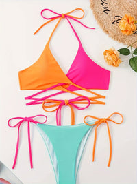 Chic Tri-Color Halter Neck Top & High Cut Tie Side Bikini Swimsuit